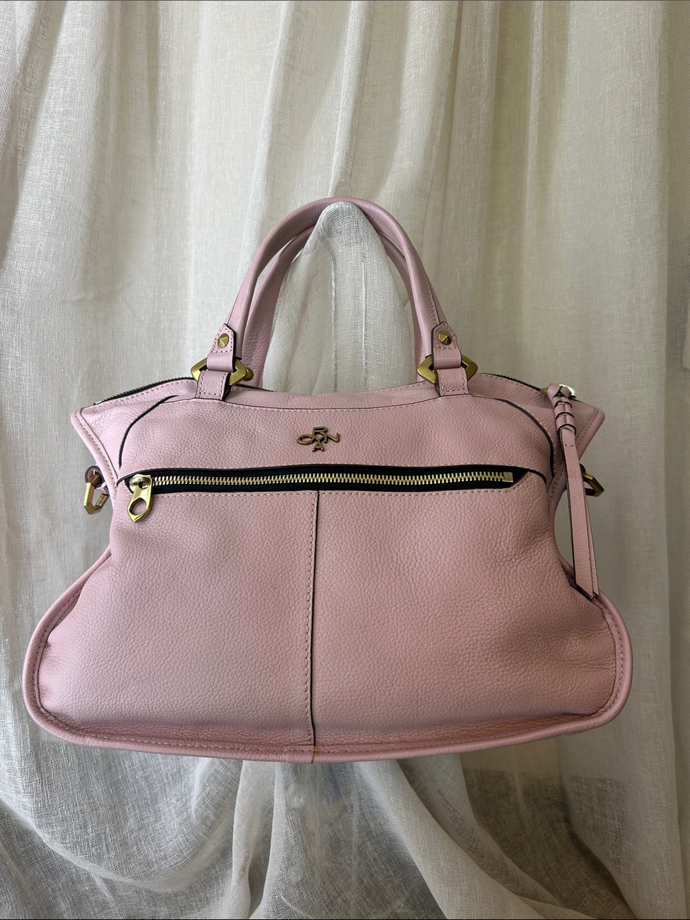 Peony Pink Pebbled Leather Shoulder Bag with Gold Accents